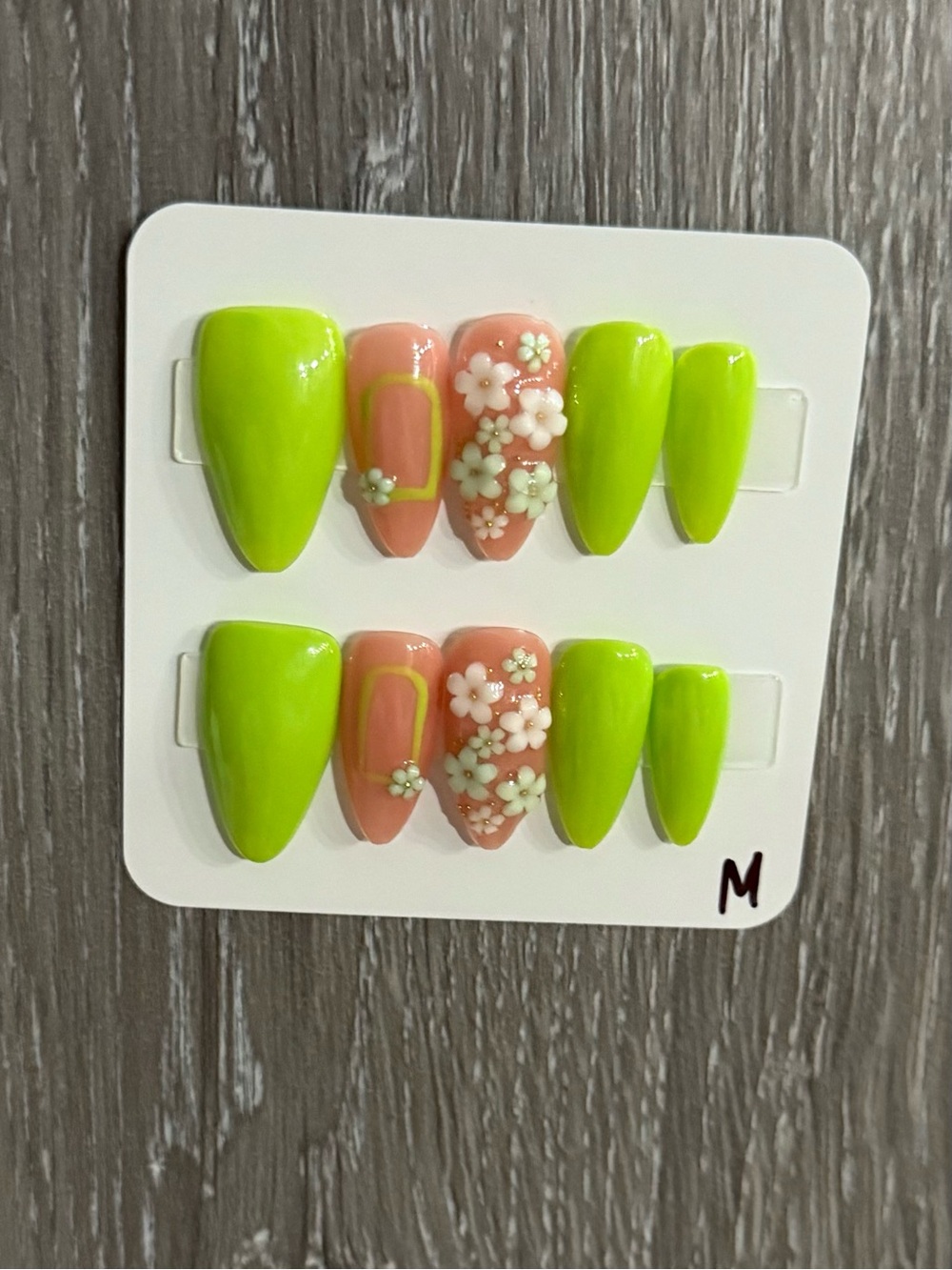 Neon Green & Peach Floral Press-On Nails — Women Makeup Set